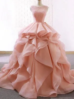 Sweet Pink Sleeveless Lace Jewel-neck A-line Long Ruffle Prom Dress, PD3033