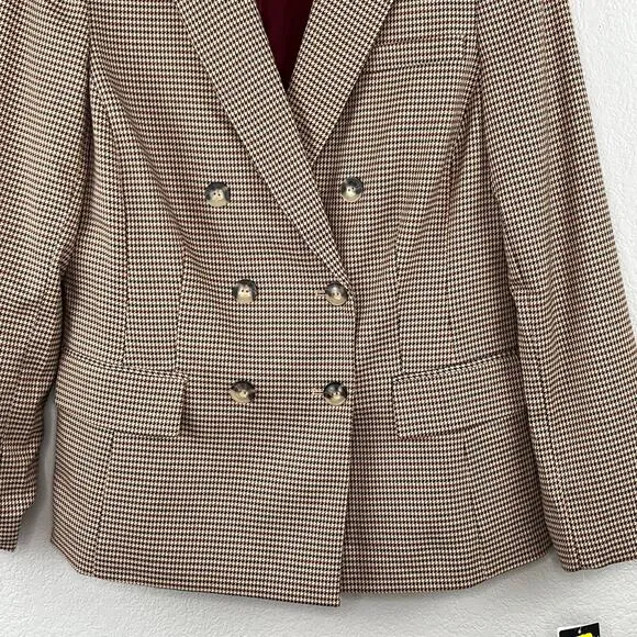 Tahari ASL Houndstooth Double Breast Lined Dual Vent Blazer Jacket Camel 10 NWT