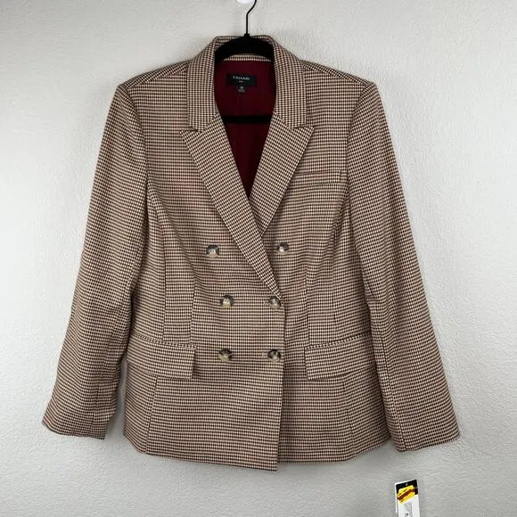 Tahari ASL Houndstooth Double Breast Lined Dual Vent Blazer Jacket Camel 10 NWT