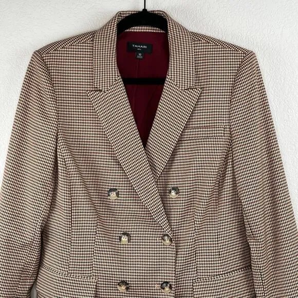 Tahari ASL Houndstooth Double Breast Lined Dual Vent Blazer Jacket Camel 10 NWT