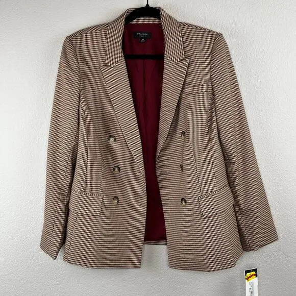 Tahari ASL Houndstooth Double Breast Lined Dual Vent Blazer Jacket Camel 10 NWT