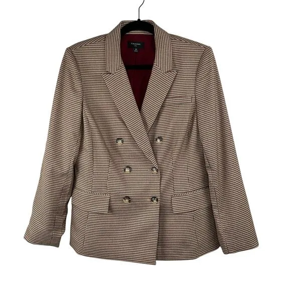 Tahari ASL Houndstooth Double Breast Lined Dual Vent Blazer Jacket Camel 10 NWT