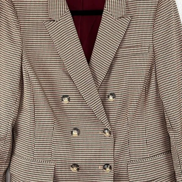 Tahari ASL Houndstooth Double Breast Lined Dual Vent Blazer Jacket Camel 10 NWT