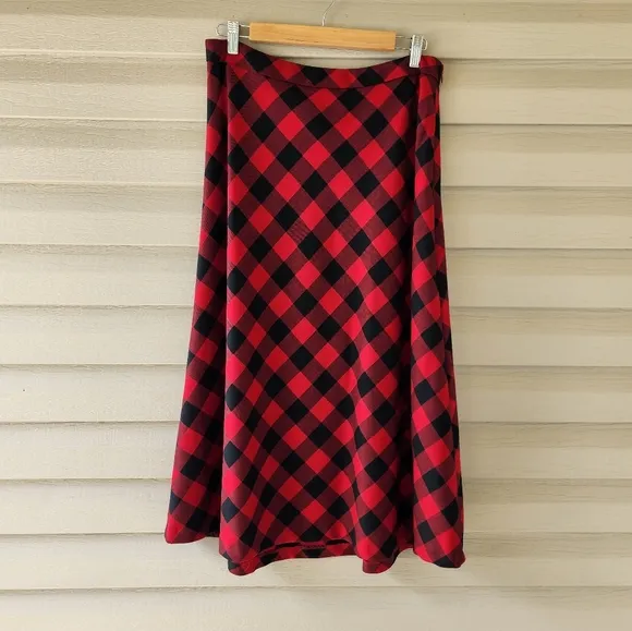 Talbots red black plaid wool midi skirt