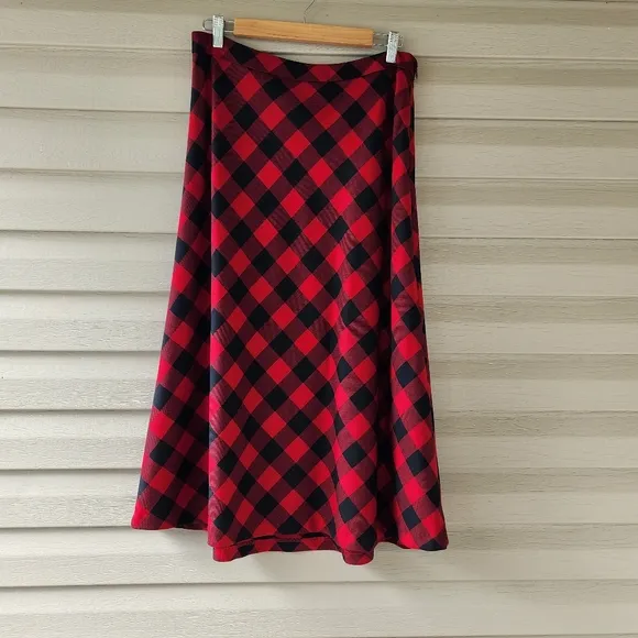 Talbots red black plaid wool midi skirt