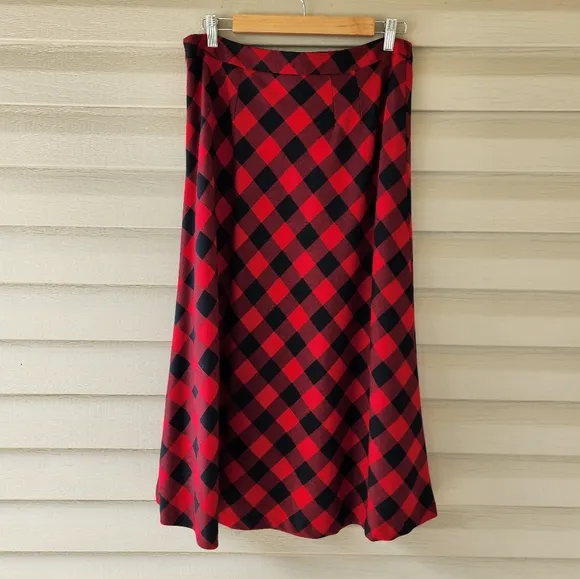 Talbots red black plaid wool midi skirt
