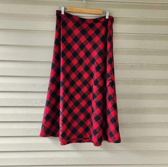 Talbots red black plaid wool midi skirt