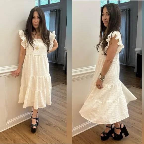 Textured Dress Tiered Ruffle Sleeve Midi Beautiful