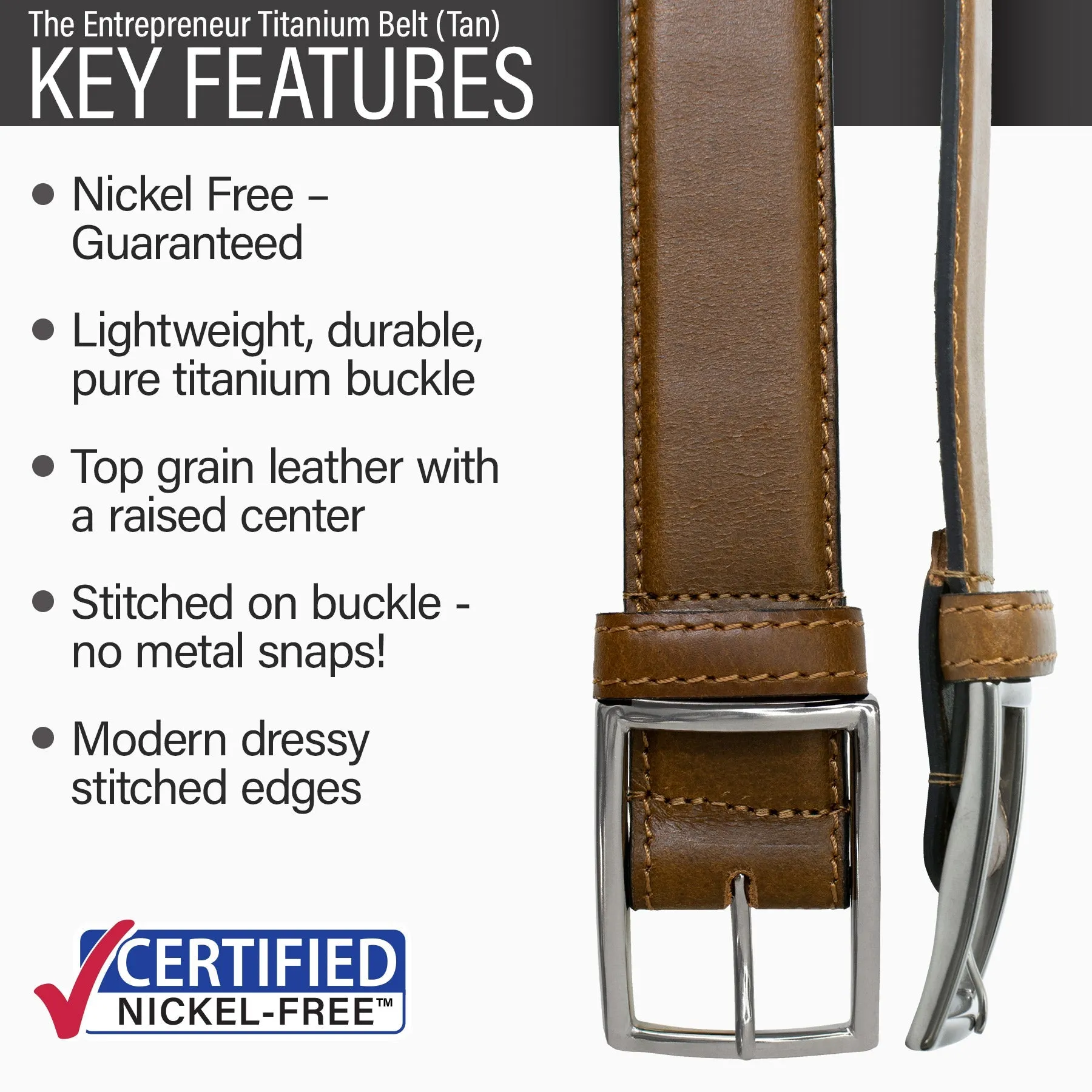 The Entrepreneur Titanium Tan Leather Belt by Nickel Smart®