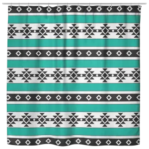 Turquoise, Black and White Ethnic Tribal Pattern Shower Curtain Oxford Clock 70" x 73"