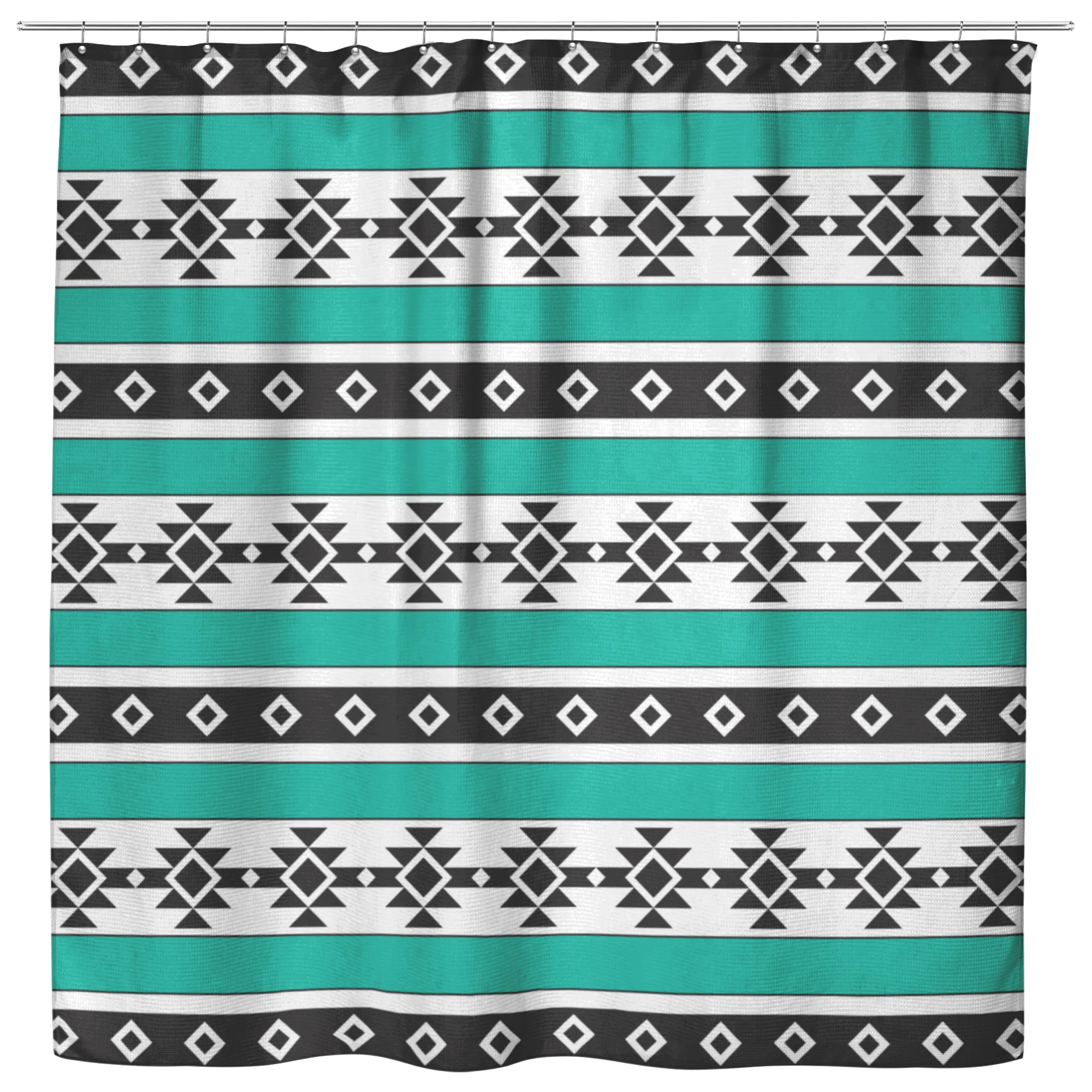 Turquoise, Black and White Ethnic Tribal Pattern Shower Curtain Oxford Clock 70" x 73"