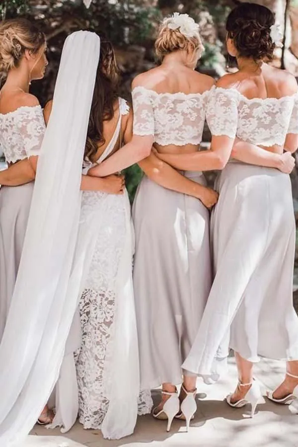 Two Piece Off-the-Shoulder Grey Chiffon Bridesmaid Dress with Lace BD051
