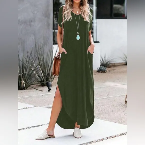 V neck short sleeve maxi dress slits with pockets black