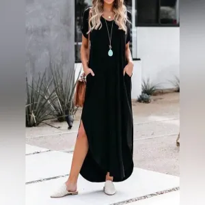 V neck short sleeve maxi dress slits with pockets black