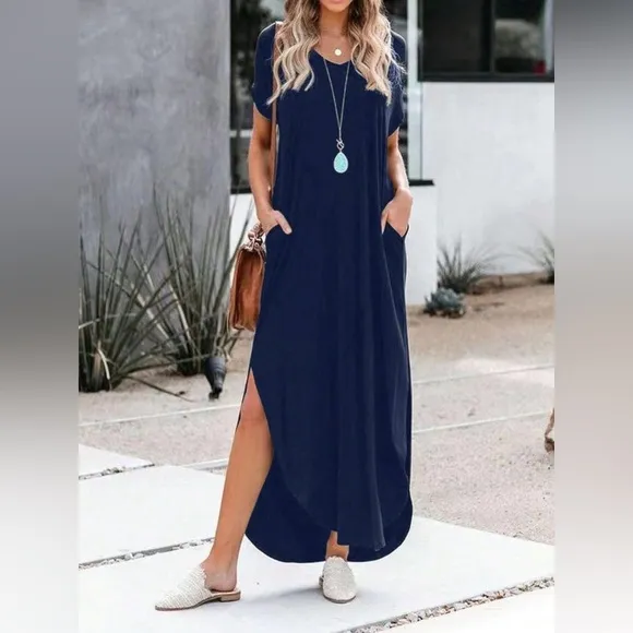 V neck short sleeve maxi dress slits with pockets black