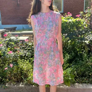 Vintage 50s 60s abstract floral watercolor pattern sleeveless dress / size small (HT2402)