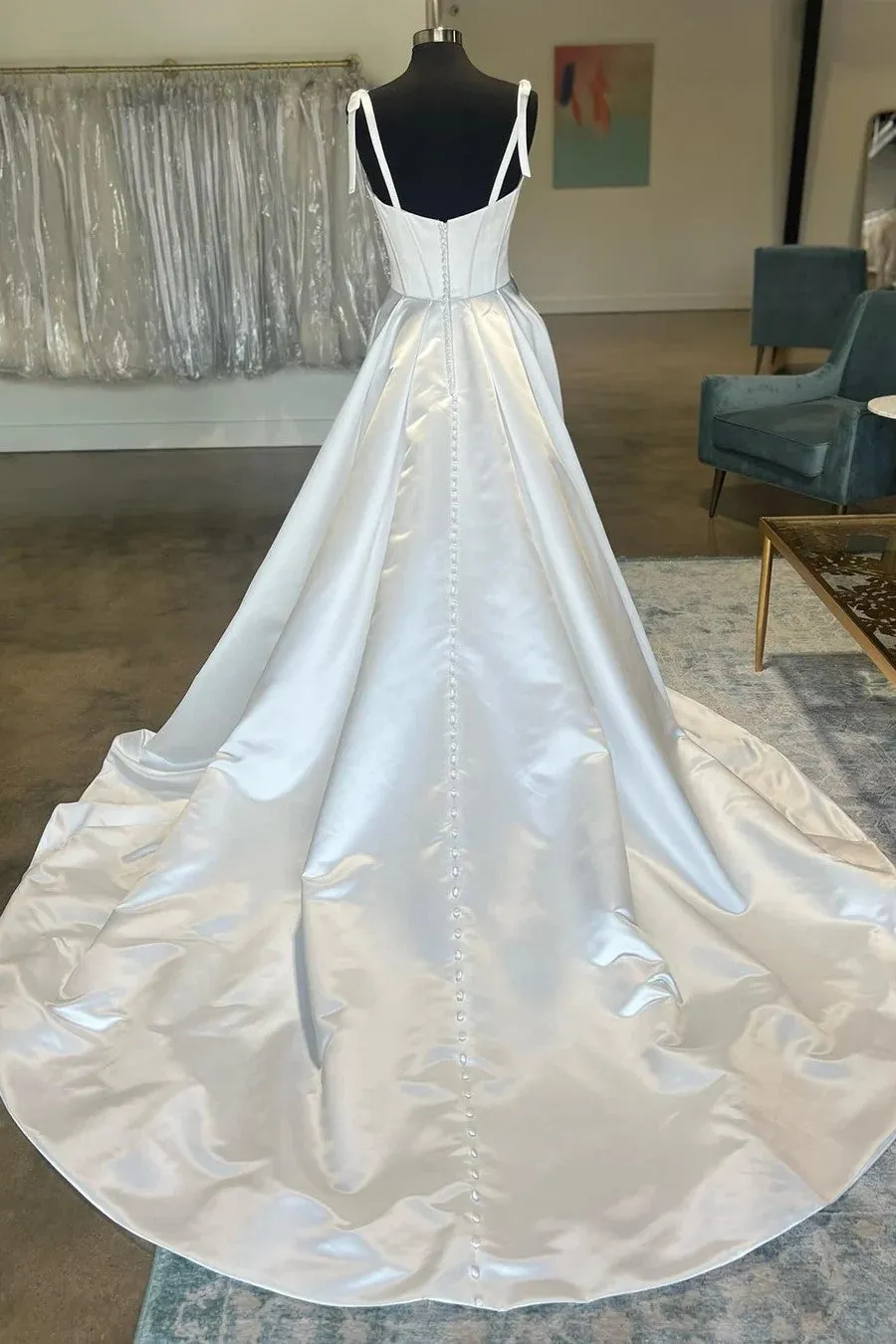 White Sweetheart Bow-Strap A-Line Long Modest Wedding Dress TN400