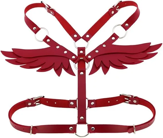 Women's Gothic PU RED Leather Angel Wings Body Harness, Adjustable for Cosplay & Parties