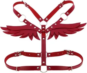 Women's Gothic PU RED Leather Angel Wings Body Harness, Adjustable for Cosplay & Parties