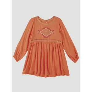 Wrangler Girl's Long Sleeve Southwestern Embroidered Dress - Orange