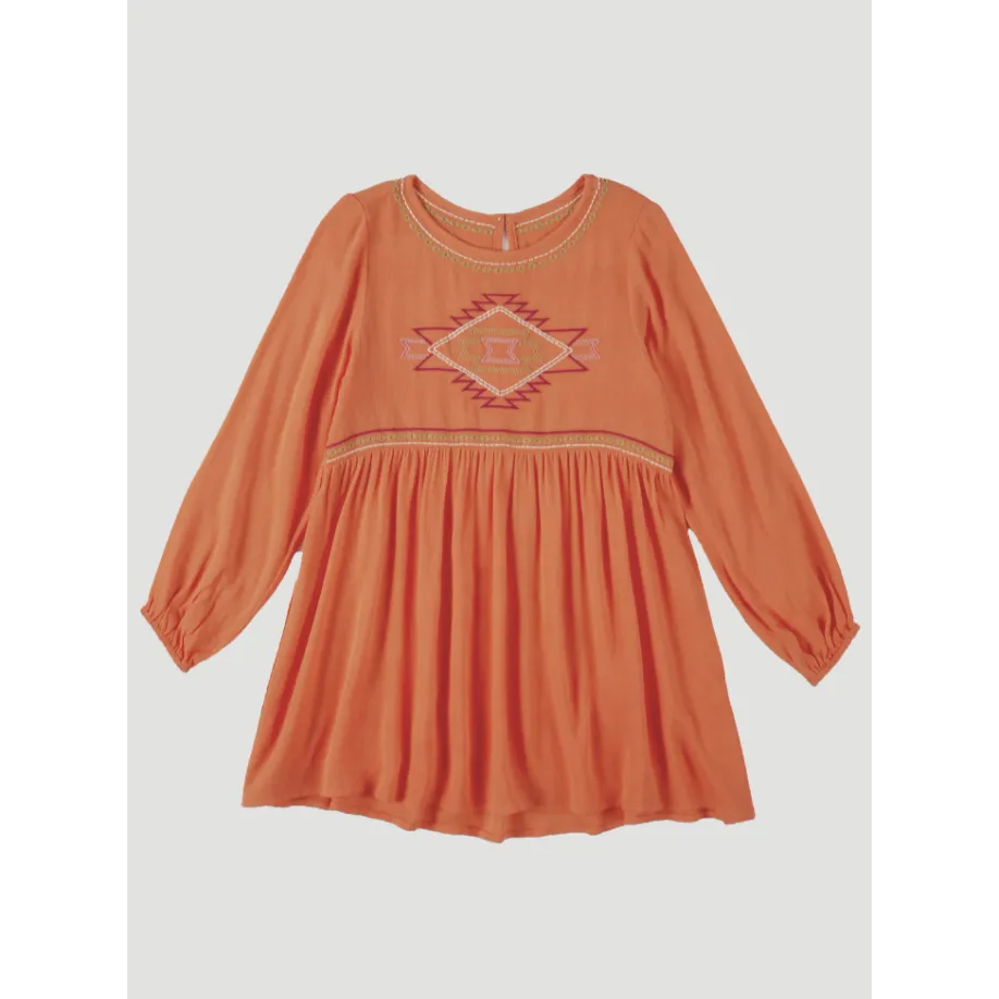 Wrangler Girl's Long Sleeve Southwestern Embroidered Dress - Orange